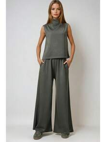 Women's Solid Color Turtleneck Tank Top And Pants Casual Suit - Army Green - View 1