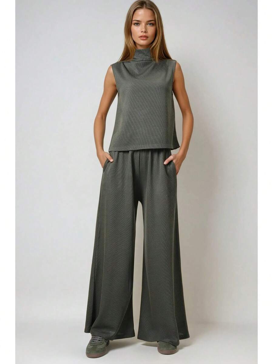 Women's Solid Color Turtleneck Tank Top And Pants Casual Suit - Army Green - View 1