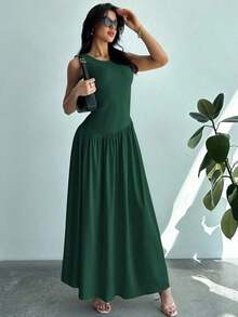 Vestido largo de mujer sin mangas, cuello redondo, cintura fruncida, unicolor, estilo minimalista - Verde Oscuro - Ver 1