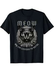 Unisex T-Shirt Made Of Pure Cotton, MEOW My Cat Listens To Metal Heavy Metal Black Cat T-Shirt For Men And Women | Casual Regular Fit, Neck Trim, All-Season, Slight Stretch Fabric, Print Pattern, Summer T-Shirt, Blouse, Basic Tops, Tops, Shirt, Creative Design, Outdoor Play, Cool Style, Fun Design, Great For Outdoor Play - Black - View 1