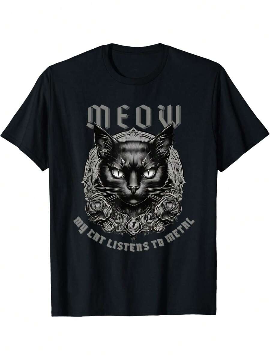 Unisex T-Shirt Made Of Pure Cotton, MEOW My Cat Listens To Metal Heavy Metal Black Cat T-Shirt For Men And Women | Casual Regular Fit, Neck Trim, All-Season, Slight Stretch Fabric, Print Pattern, Summer T-Shirt, Blouse, Basic Tops, Tops, Shirt, Creative Design, Outdoor Play, Cool Style, Fun Design, Great For Outdoor Play - Black - View 1