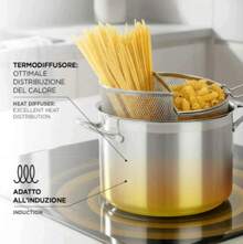 Questa pentola per pasta a doppio cestello è realizzata in acciaio inossidabile e ha un fondo a tre strati. È adatta per fornelli a induzione e a gas e permette di cucinare due tipi diversi di pasta contemporaneamente. - Visualizzare 3