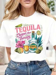 Women's Clothing Tequila Cheaper Than Therapy Casual Printed T-Shirt For Women Soft And Comfortable Gift For Birthday Party Summer Clothes Women's Shirts - 白色 - 查看 5