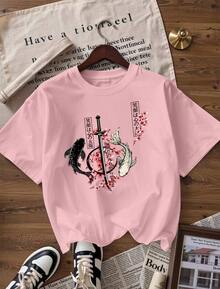Short-Sleeve T-Shirt With Ukiyo-E And Zen Style, Fashionable Short-Sleeve T-Shirt For Spring And Summer 2026, Made In Mexico, 180 Grams. Cartoon Print, Couple Design, Suitable For Indoor Or Outdoor Wear. Crew Neck, Unisex, Ideal For Office And Leisure. One-Piece Pack. - PK-P631577SLNDXZGY493 - 查看 4
