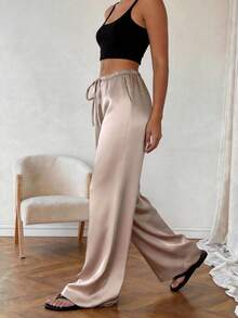 1pc Solid Color Drawstring Pocket Satin Pants, Comfortable For Home Wear, All Season Spring - Khaki - View 8