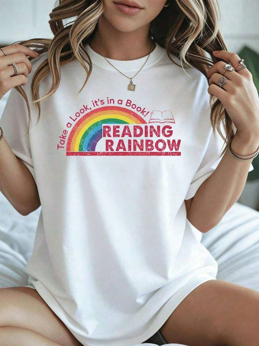 Camiseta Casual para Mujer con Estampado Vintage de Arcoíris: ", mira, está en un libro". Prenda Negra de Verano para el Hogar y Actividades de Ocio. - Blanco - Ver 1