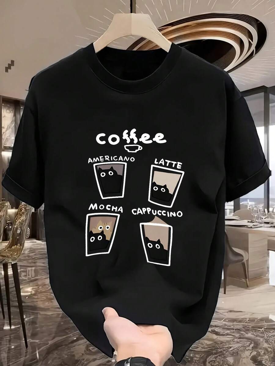 Camiseta de Mujer para Verano, Casual, Versátil, con Estampado de Gato y Café, de Longitud Media, Holgada, de Cuello Redondo y Manga Corta, Tops para Mujer - Negro - Ver 1
