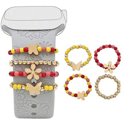 Bộ 3/4 chiếc vòng tay co giãn đính hạt hình trái tim, hoa, bướm phong cách Bohemian, phù hợp với dây đồng hồ 22mm, món quà dễ thương hoàn hảo dành cho phái nữ - phụ kiện thời trang hàng ngày.