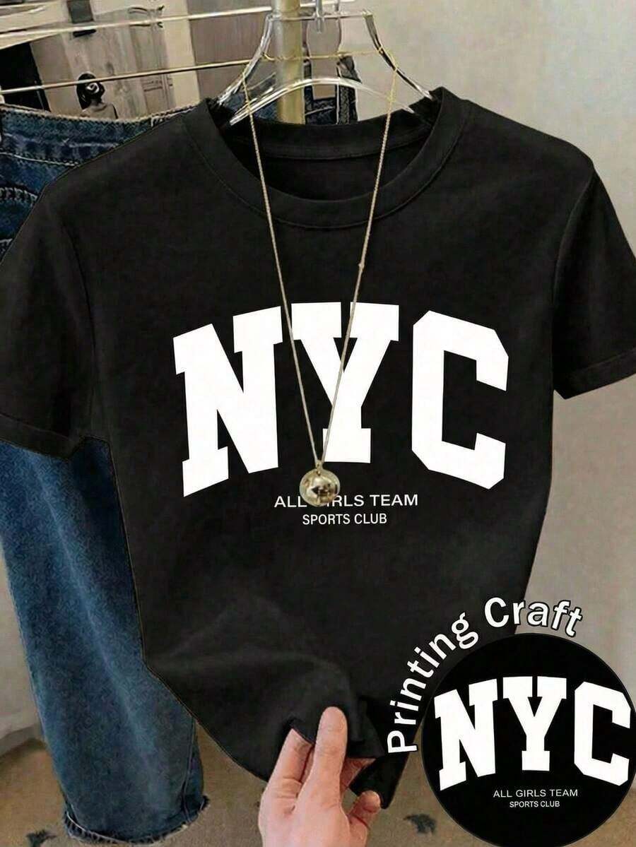 Soft 100% Cotton T-Shirt, Casual Women's T-Shirt With New York Graphic Print, Short Sleeve, Round Neck, Regular Fit, Streetwear Top With Slight Elasticity, Breathable Cotton T-Shirt, Goes With Everything, Great. - 黑色 - 查看 1