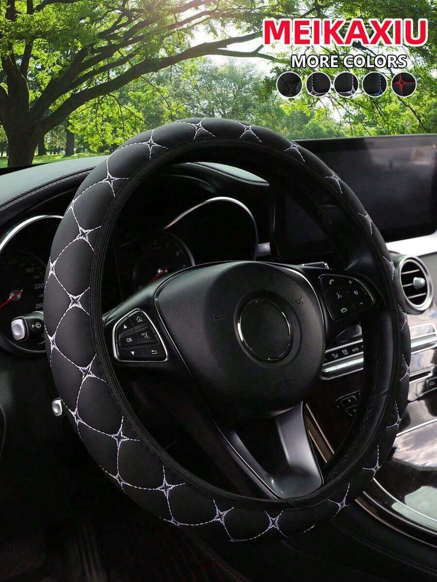 1pc PU Leather Embroidered Soft & Comfortable Car Steering Wheel Cover, Fits 15inch, Black/Red/Blue, Unisex Car Interior Accessories - Đen - Xem 1