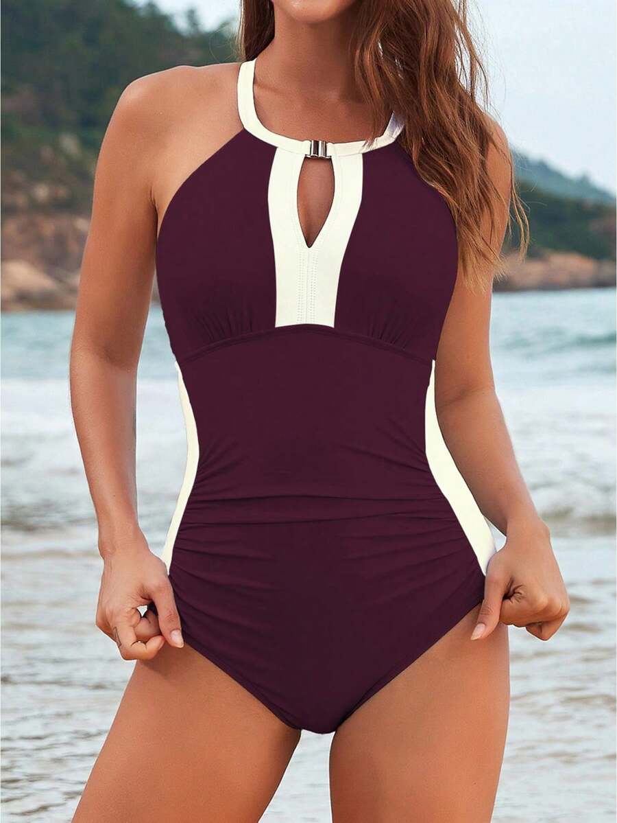 Women's Swimsuit Stylish Contrast Color Sleeveless Cross Back Tummy Control Bathing Suit For Beach Pool - Mauve Purple - View 1