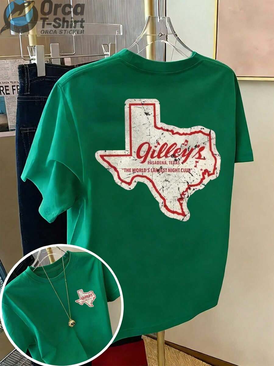 Camiseta de manga corta de estilo casual vintage, con estampado en la parte delantera y trasera, que presenta un mapa de Texas y el diseño de la palabra "Gilley's", adecuada para el uso diario en verano, ideal como regalo para parejas y amigos. - Verde - Ver 1