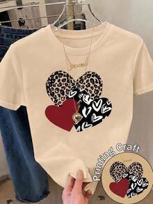 New Short-Sleeved, Round-Neck T-Shirt For Women, Spring-Summer Design, Perfectly Combining A Modern And Minimalist Heart Print On A Black Background, Breathable And Sweat-Wicking. Direct Shipping From Our Local Warehouse, Couples' Model, Ideal For Wearing Together. - 卡其色 - 查看 12