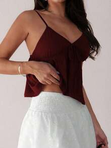 Camiseta de tirantes con volantes y lazo delantero de unicolor para mujer - Burdeos - Ver 4
