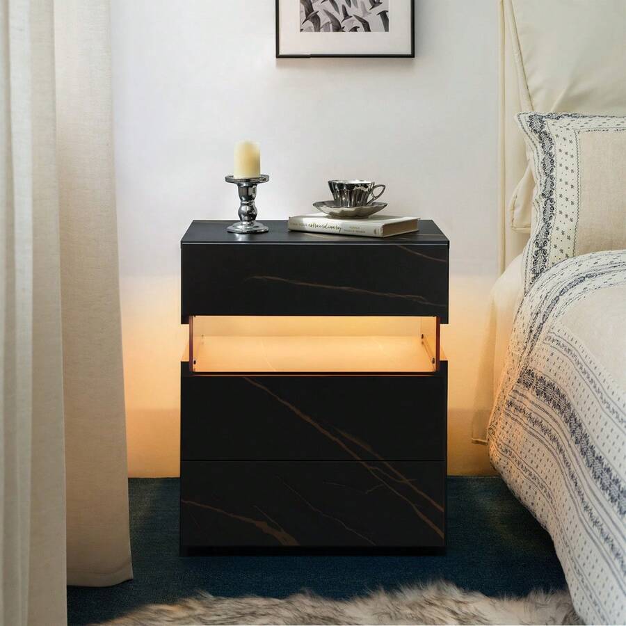 Modern Bedside Table / Wooden Bedside Table / Bedside Table With 3 Drawers / Easy To Assemble, Plenty Of Storage Space / For Bedroom, Living Room, Bedside Furniture - 黑+金 - 查看 1