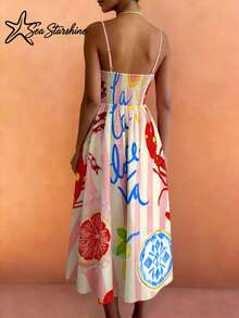 Starfish Shiny Vacation Style Women's Dress, Ocean Lobster & Citrus Lemon Letter Print Sleeveless Dress Elegant Summer - Multicolor - View 7