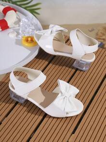 Girls' High Heel Sandals Summer 2026 Versatile High Heel Sandals Thick Heel Bow Sandals Big Kids Fashion Shoes Plus Size - White - View 3