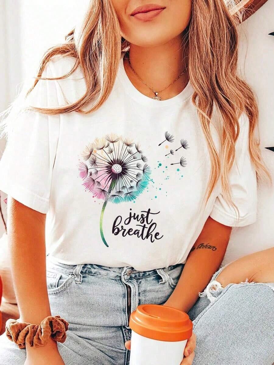 Camiseta Just Breathe con Dandeliones y Mariposas para Mujer, Camisetas Gráficas de Verano para Mujer - Blanco - Ver 1