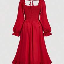 MOD Plus Size Red Vintage Square Collar Puff Sleeve Drawstring Ruffle Hem Long Dress For Women, , Costume, Day Of The Dead Outfit - Rojo - Ver 3