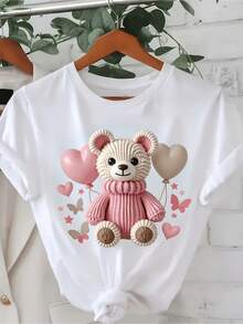 Knit Style T-Shirt With Cute White Teddy Bear Print Of Heart Balloons And Butterflies, Casual Everyday Wear For Women - 白色 - 查看 6