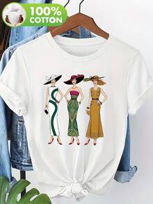 Camiseta Elegante de Arte Vintage con Estampado de Letras, Manga Corta 100% Algodón para Mujer, Cuello Redondo Esencial para Primavera y Verano 12289 - Blanco - Ver 1