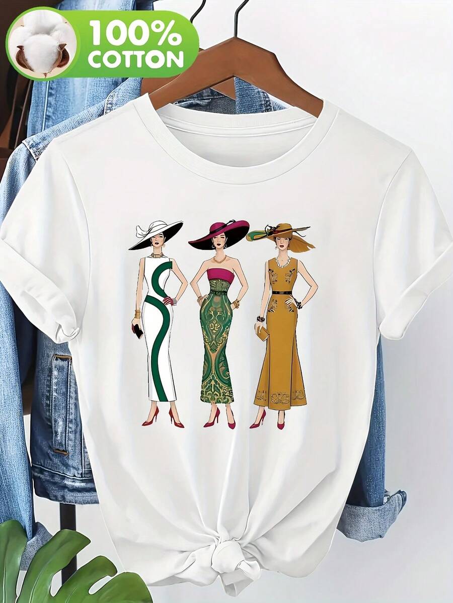 Camiseta Elegante de Arte Vintage con Estampado de Letras, Manga Corta 100% Algodón para Mujer, Cuello Redondo Esencial para Primavera y Verano 12289 - Blanco - Ver 1