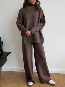 2 piezas Conjunto de suéter de manga larga de hombro caído con cuello alto sólido y pantalones anchos de punto para mujer, otoño/invierno - Café integral - Ver 5