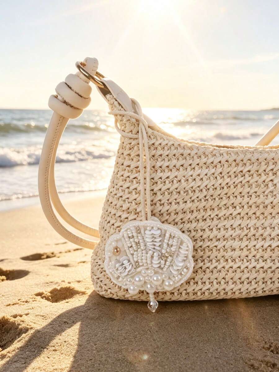 1 pieza Accesorio de bolso estilo bohemio hecho a mano con estrella de mar y concha de plata, adecuado para decoración de bolsos, adorno colgante de coche, accesorio de llavero - Blanco - Ver 1