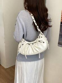 2026 Spring/Summer New White Motorcycle Style Pleated Crescent Underarm Rivet Fringe Design Shoulder Crossbody Bag, Versatile Texture Punk Retro Commuter Bag With Large Capacity - White - View 5