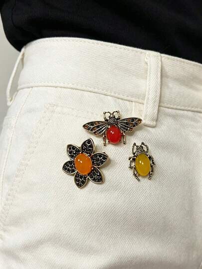 A Set Of European And American Retro Luxury Rhinestone Insect Brooch Set, Niche Design Accessories