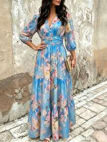 Boho Sommer elegantes lässiges blaues Blumen Maxikleid für Frauen, V-Ausschnitt, Laternärmel, Volant A-Linie Kleid für Urlaub, Feiertage, Ausgehen, Party Outfits - Blau - Übersicht 4