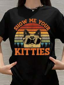Muéstrame a tus gatitos, camiseta vintage con diseño de gato con gafas de sol y atardecer retro para mujeres, hombres, unisex, ropa casual de verano, regalo para amantes de los gatos. - Negro - Ver 1