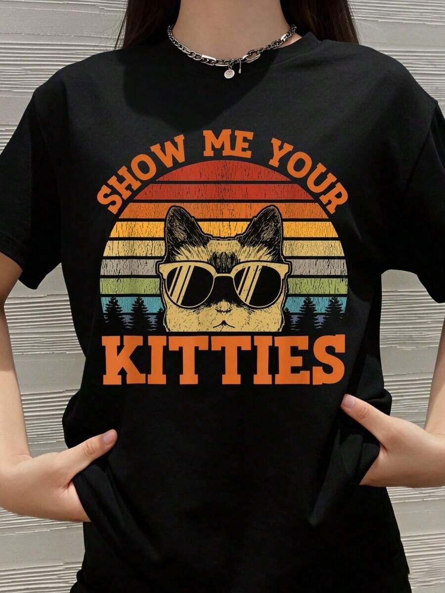 Muéstrame a tus gatitos, camiseta vintage con diseño de gato con gafas de sol y atardecer retro para mujeres, hombres, unisex, ropa casual de verano, regalo para amantes de los gatos. - Negro - Ver 1