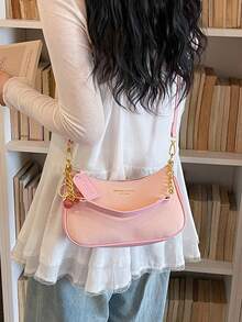 1pc Women's Solid Color PU Shoulder Bag, Versatile Underarm Bag For Work Commute, Adjustable Strap Crossbody Bag, Elegant Cherry Blossom Charm - Pink - View 6