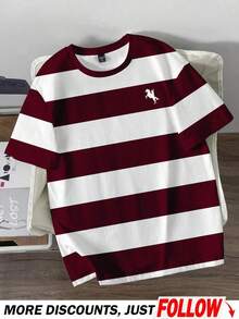 Camiseta casual minimalista de rayas azules para hombres, adecuada para la escuela, salidas, simple y versátil, estilo de verano - Burdeos - Ver 1