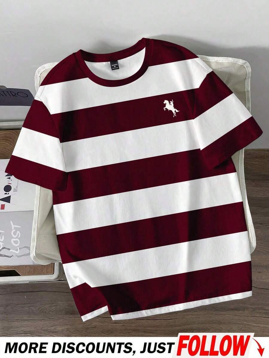 Camiseta casual minimalista de rayas azules para hombres, adecuada para la escuela, salidas, simple y versátil, estilo de verano - Burdeos - Ver 1