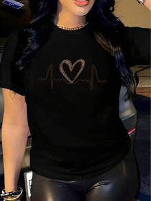 YOCASA Camiseta informal de verano para mujer, de cuello redondo, ajustada y manga corta, con estampado de pintura al óleo, floral, de corazones, de cerezas y de letras. Tejido informal sencillo, estilo deportivo, ideal para el día a día y para una cita de San Valentín. - Negro - Ver 7