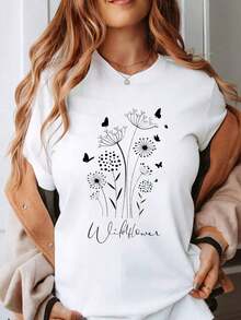 Camiseta con Estampado de Mariposas y Flores Silvestres para Mujer, Top Casual de Verano, Camiseta con Diseño Inspirado en la Naturaleza para Uso Diario y Regalo - Blanco - Ver 1
