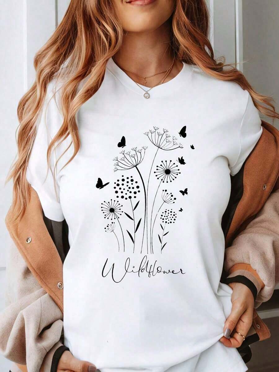 Camiseta con Estampado de Mariposas y Flores Silvestres para Mujer, Top Casual de Verano, Camiseta con Diseño Inspirado en la Naturaleza para Uso Diario y Regalo - Blanco - Ver 1
