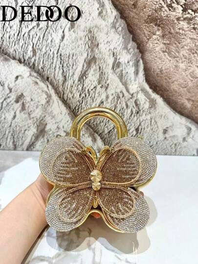 1 Bolsa Feminina Mini de Luxo com Borboleta, Bolsa Clutch com Strass e Corrente, Pode Ser Usada como Clutch, Estilosa e Única, A Melhor Opção de Mini Carteira com Corrente para Mulheres