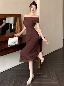 Vestido de hombros abiertos de unicolor, vestido de fiesta elegante para cumpleaños, Año Nuevo, baile de graduación, vestido de cóctel de hombros descubiertos de largo maxi - Marrón - Ver 4