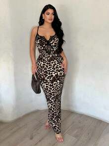Vestido ajustado de mujer con estampado de leopardo y encaje en parches - Multicolor 4 - Ver 4