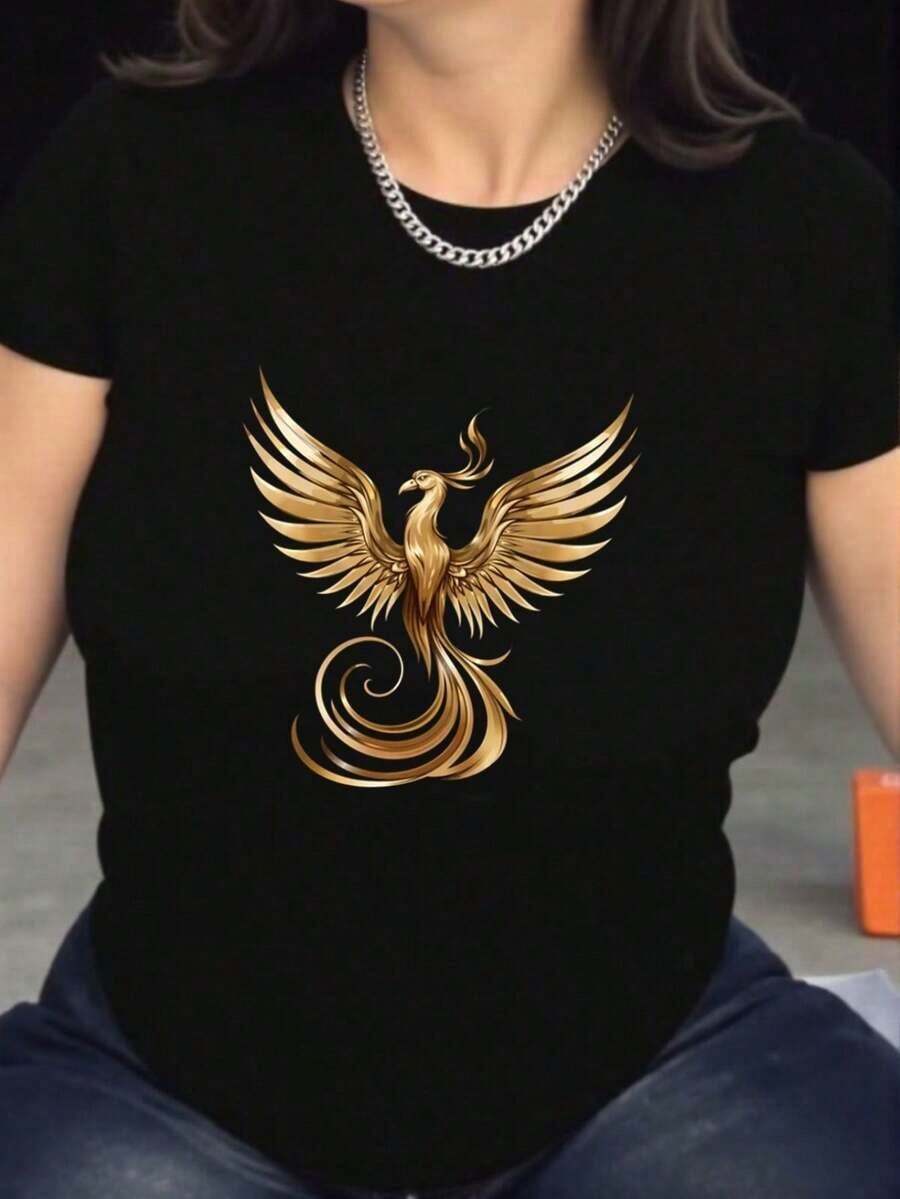 ¡Oferta por tiempo limitado, unidades limitadas, Camiseta con Estampado de Fénix - Suave, Transpirable y Cómoda, de Manga Corta, Ropa Deportiva Casual de Verano, Fácil de Cuidar, de Secado Rápido, Adecuada para Actides al Aire Ropa de Ocio, Estilo Casual, Para Todo el Año/Global/Para Todo - Negro - Ver 1