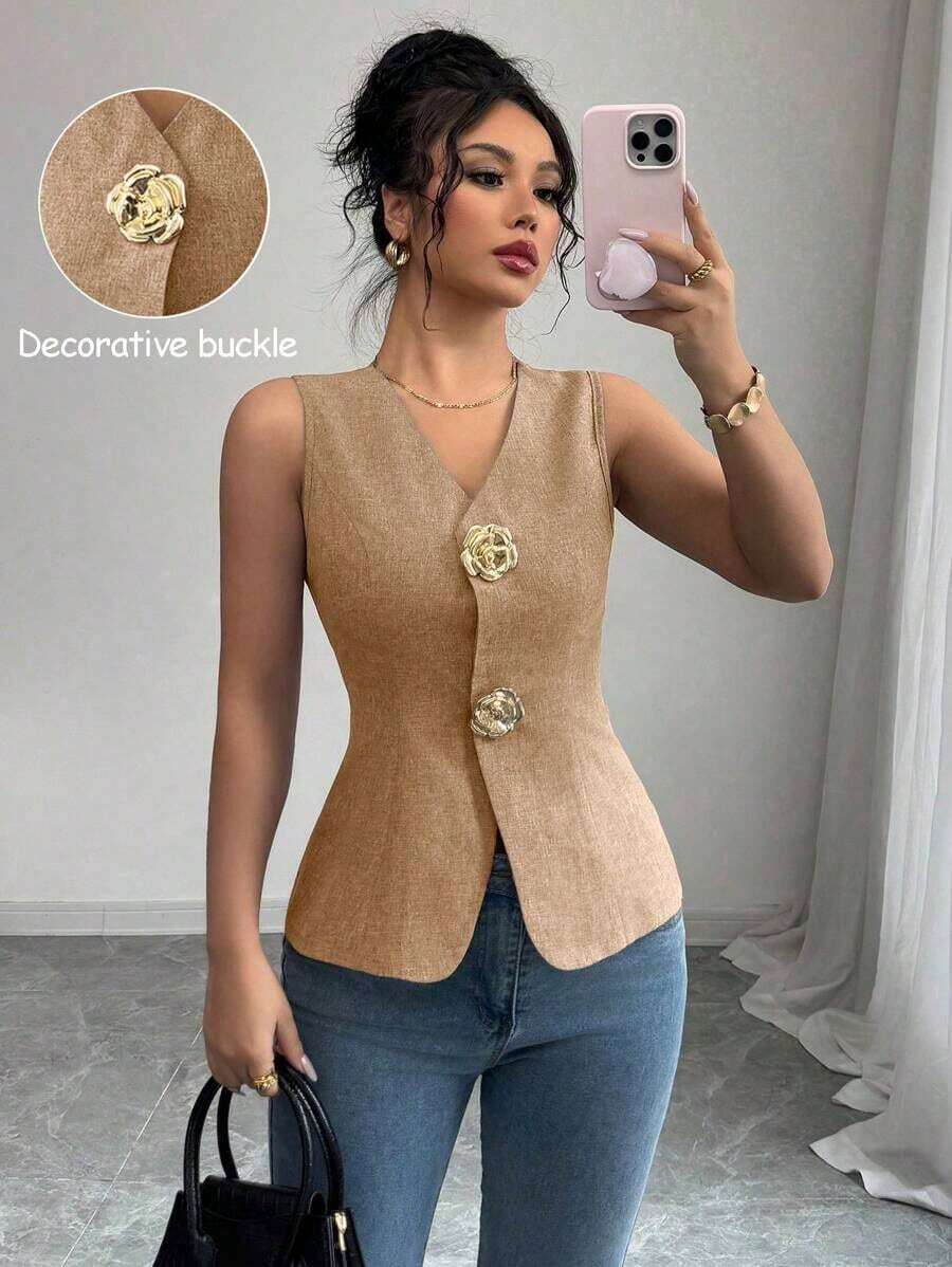 Blusa exterior con cuello en V ajustada con decoración de botones dorados con rosas - Naranja - Ver 1