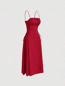 Vestido de tirantes unicolor pecho con fruncido con cordón lateral - Rojo - Ver 4