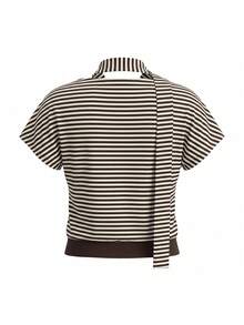 Women's Striped Off-Shoulder Cropped Top | Lace-Up High Neck Design - Multicolor - View 9