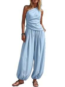 New Women's Summer 2-Piece Set, Minimalist Casual Style, Solid Color, Sleeveless Top, High-Waisted Loose Pants, Flattering, Perfect For Daytime Looks, Walks And Casual Occasions - 淺藍色 - 查看 1