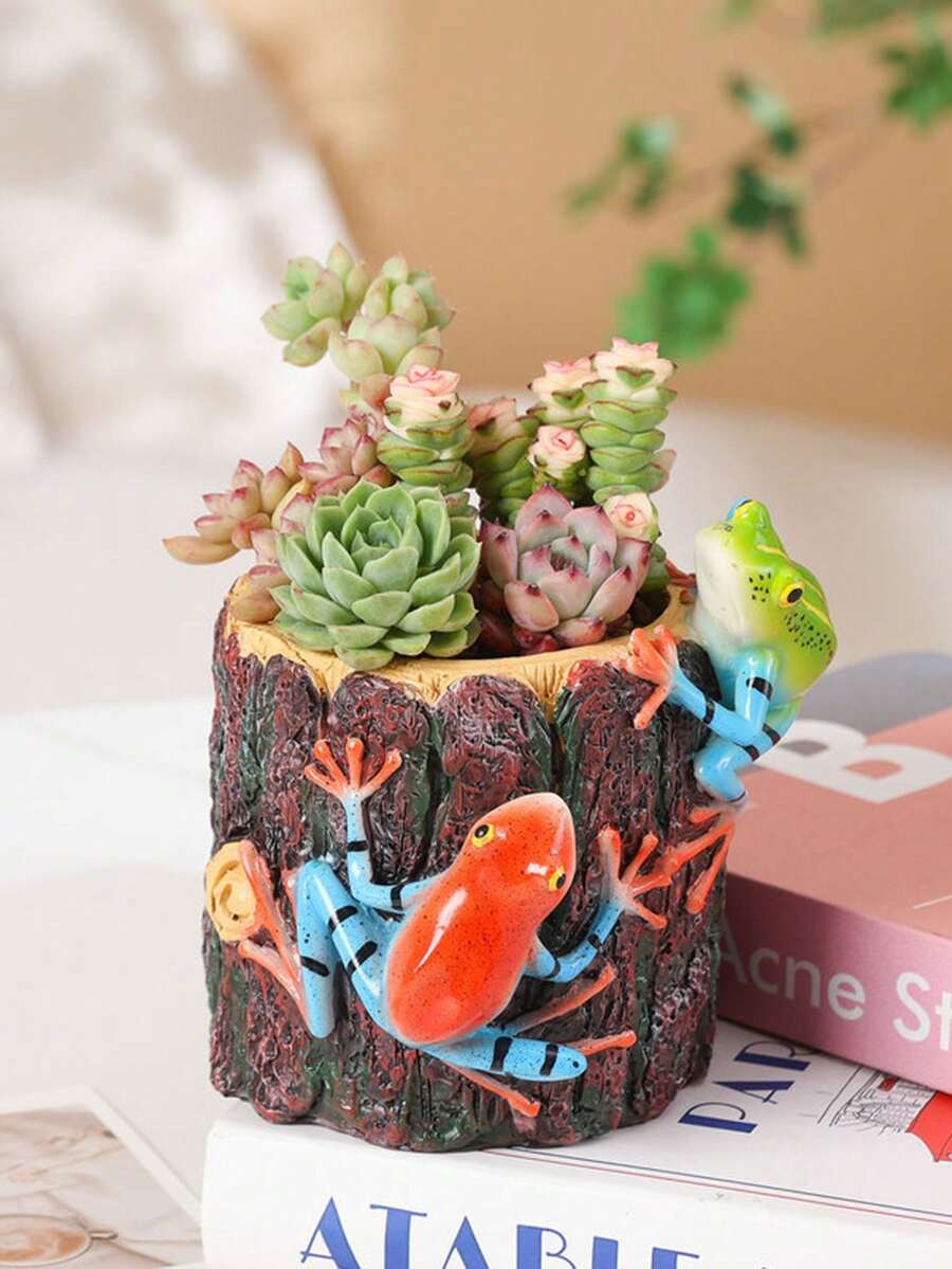 1件創意青蛙造型樹脂多肉植物盆栽，透氣綠色植物種植容器，適用於花園陽台窗台、客廳玄關桌面，多功能個性化園藝花盆裝飾，可愛景觀裝飾，美觀實用，適合種植多肉植物