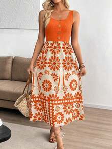 Vestido ajustado sin mangas con estampado de retazos de estilo vacacional para mujer - Naranja - Ver 5
