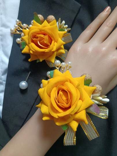 2pcs/Set Gold Beads & Pearl Solid Color Polyester Wrist Corsage & Brooch Combo Set, Suitable For Spring, Summer, Autumn, Winter Weddings, Groom Boutonniere, Bride & Bridesmaid Wrist Corsage, Outdoor Wedding Artificial Flower Leaf & Berry Decor
